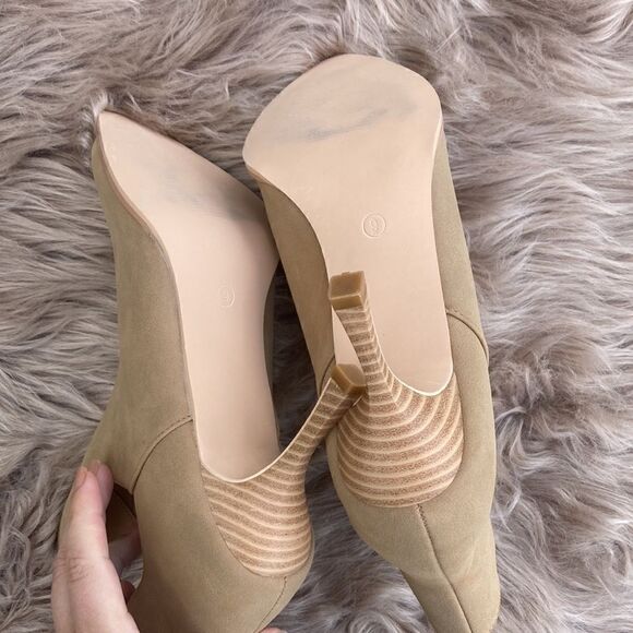 Laicigo Pointed Mirror Toe Cutout Slip on Faux Leather Beige Heeled Ankle Bootie - Picture 12 of 16